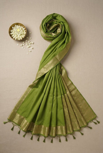 Elegant Olive Green Handloom Cotton Saree With Rich Golden Zari Border