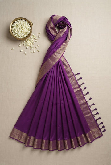 Elegant Deep Purple Silk Blend Saree With Traditional Golden Zari Border And Pallu
