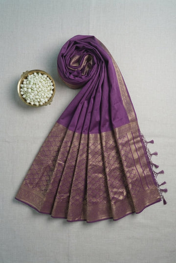 Elegant Purple Handloom Cotton Silk Saree With Rich Golden Zari Border And Tassels