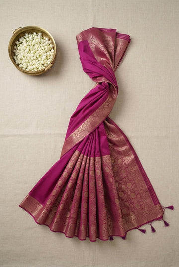 Royal Magenta Banarasi Cotton Silk Saree With Rich Golden Zari Border