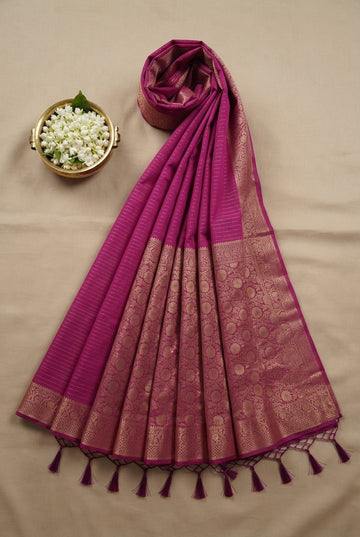 Elegant Magenta Silk Saree With Rich Gold Zari Border And Stripes
