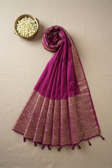 Elegant Magenta Banarasi Silk Blend Saree With Ornate Gold Zari Border