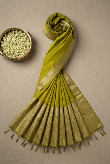 Elegant Lime Green Cotton Silk Saree With Traditional Zari Border