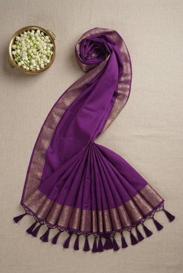 Elegant Royal Purple Chanderi Cotton-Silk Saree With Golden Zari Border