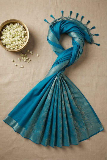 Elegant Teal Blue Banarasi Chanderi Silk Saree With Silver Zari Weaving