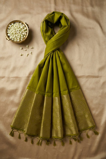 Elegant Olive Green Cotton Silk Saree With Zari Border And Tassels