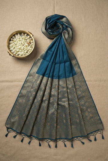 Teal Blue Banarasi Silk Saree With Intricate Antique Gold Zari Border