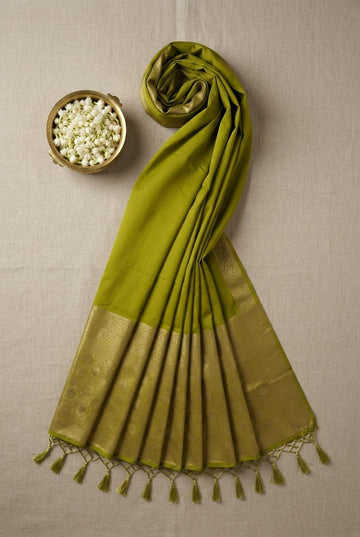 Elegant Olive Green Chanderi Cotton Silk Saree With Golden Zari Border