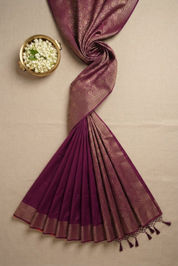 Elegant Wine Purple Chanderi Silk Saree With Traditional Golden Zari Border