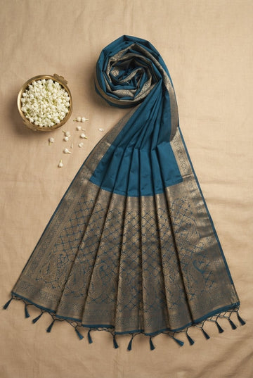 Elegant Peacock Teal Blue Silk Saree With Traditional Gold Zari Border