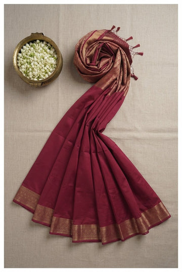 Elegant Wine Crimson Cotton Silk Saree With Rich Golden Zari Border