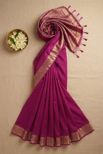 Elegant Magenta Banarasi Silk Saree With Traditional Golden Zari Work