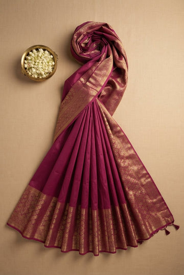 Elegant Magenta Pink Silk Saree With Traditional Gold Zari Border
