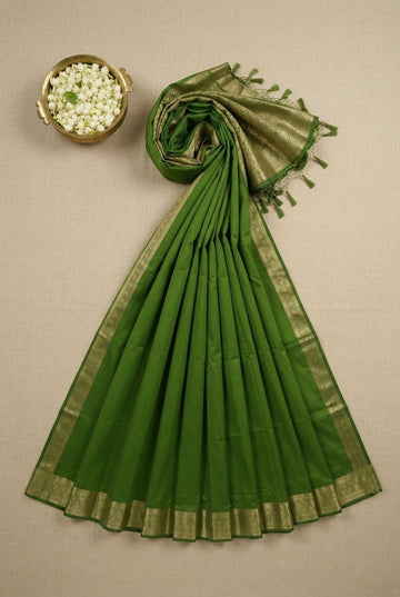 Elegant Olive Green Soft Silk Saree With Ornate Gold Zari Border