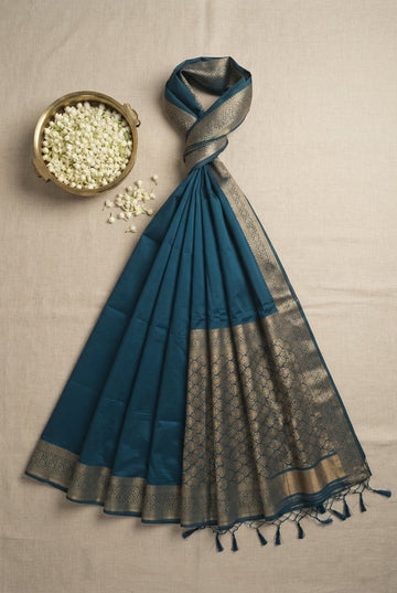 Elegant Peacock Blue Silk Saree With Intricate Gold Zari Border