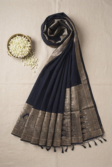 Elegant Midnight Navy Blue Banarasi Cotton Silk Saree With Intricate Golden Zari Border