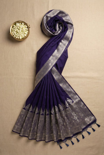 Royal Deep Purple Cotton Silk Saree With Elegant Silver Zari Border And Tassels