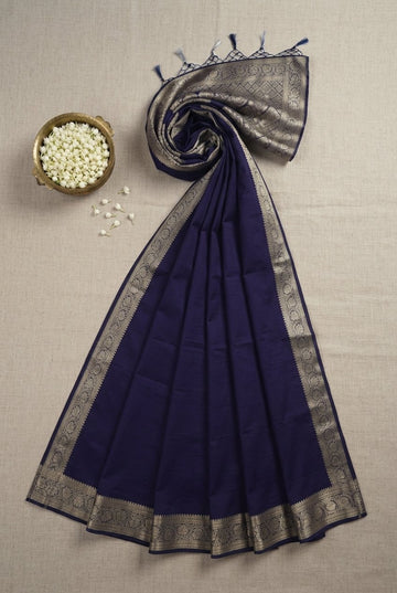 Elegant Deep Navy Blue Cotton Silk Saree With Antique Gold Zari Border