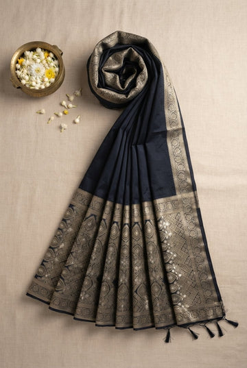 Elegant Midnight Blue Handloom Silk Saree With Antique Zari Border