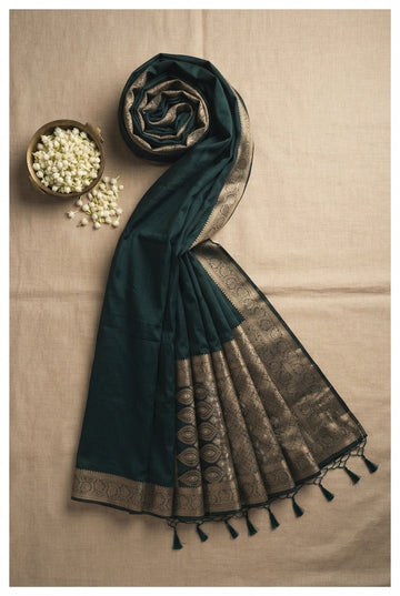 Elegant Bottle Green Handloom Silk Saree With Rich Golden Zari Border And Pallu
