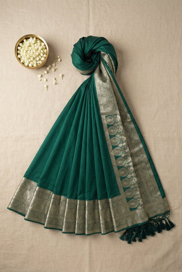 Emerald Green Handloom Cotton Silk Saree With Antique Zari Border