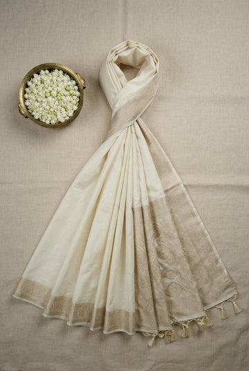 Elegant Ivory Off-White Handloom Chanderi Cotton Silk Saree With Matte Gold Zari Border