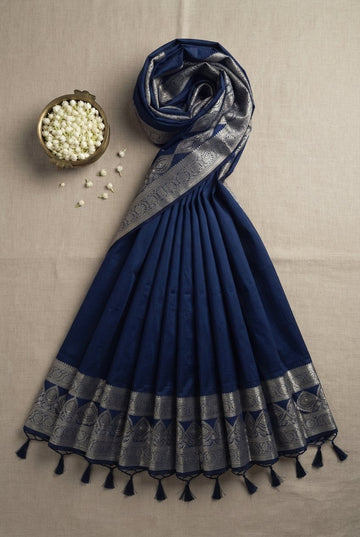 Royal Navy Blue Handloom Cotton Silk Saree With Elegant Silver Zari Border