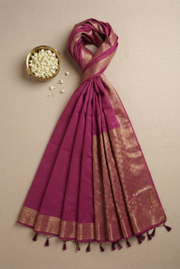 Elegant Magenta Cotton Silk Saree With Intricate Gold Zari Border