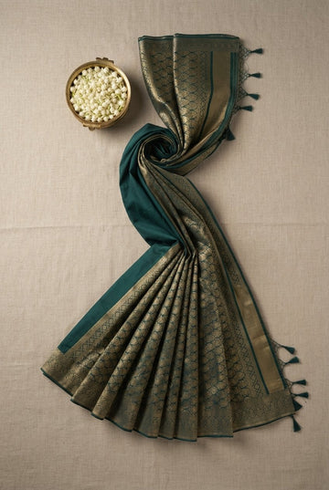 Royal Emerald Green Banarasi Silk Saree With Antique Gold Zari Border
