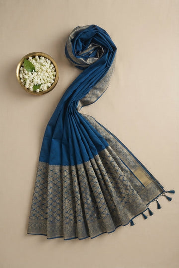 Prussian Blue Chanderi Cotton Silk Saree With Antique Gold Zari Border