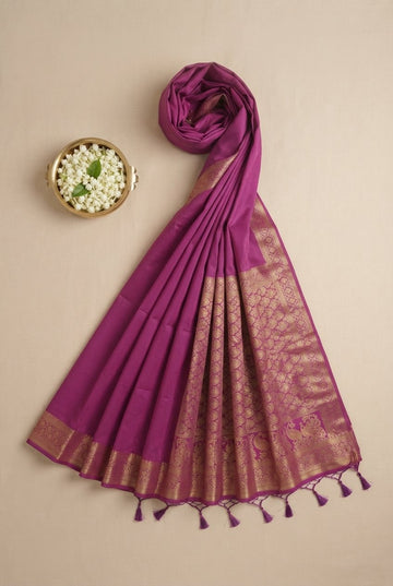Elegant Deep Magenta Cotton Silk Saree With Rich Golden Zari Border And Tassels