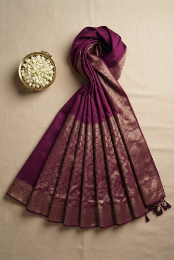 Royal Wine Purple Banarasi Silk Saree With Intricate Gold Zari Border
