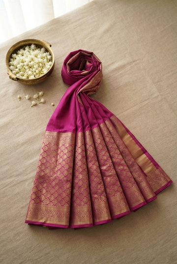 Elegant Magenta Banarasi Katan Silk Saree With Intricate Gold Zari Border