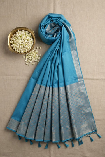 Elegant Sky Blue Cotton Silk Saree With Traditional Silver Zari Border
