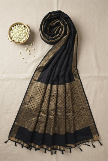 Elegant Black Cotton Silk Saree With Antique Gold Zari Border And Pallu