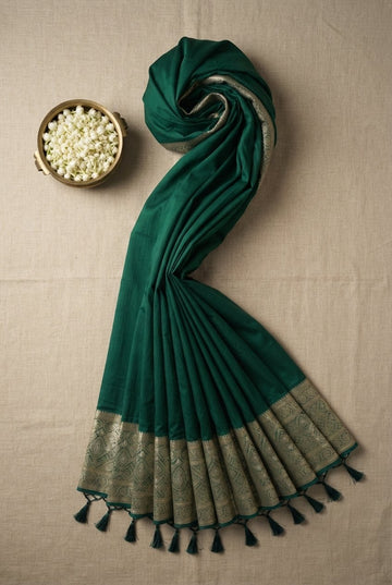 Elegant Emerald Green Silk Cotton Saree With Antique Gold Zari Border