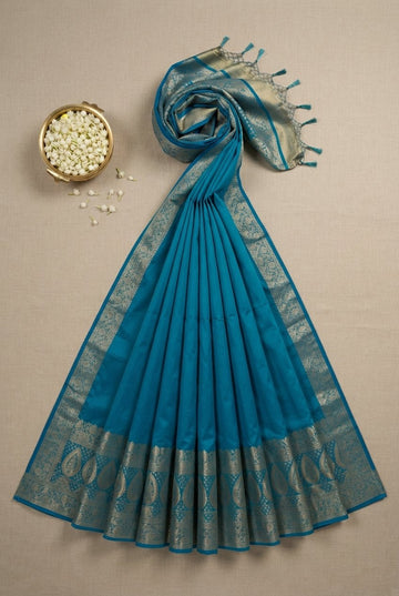Peacock Blue Silk Saree With Elegant Gold Zari Paisley Border