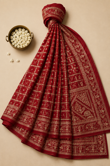 Crimson Red Premium Georgette Saree With Traditional Zari And Swastika Embroidery