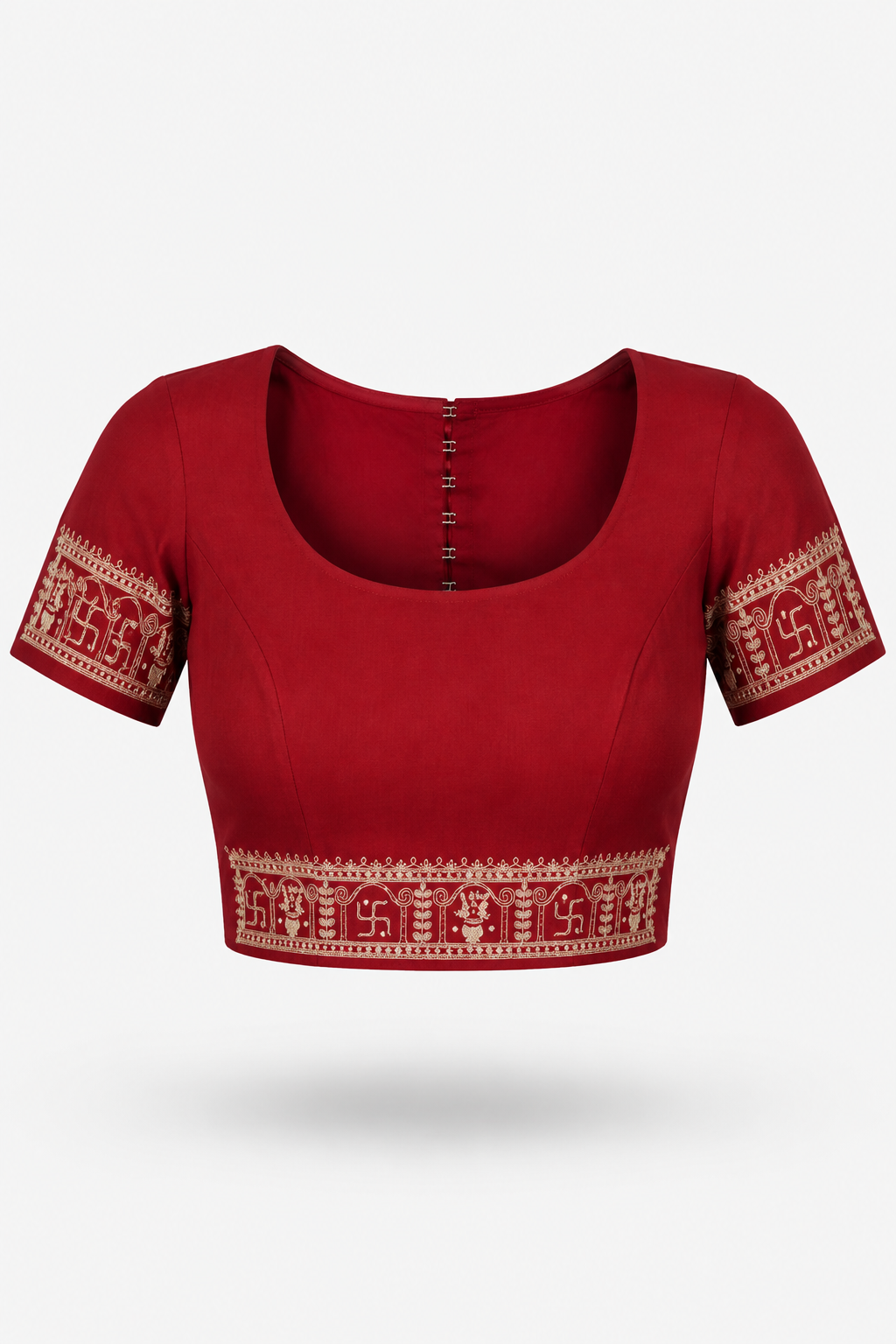 Crimson Red Premium Georgette Saree With Traditional Zari And Swastika Embroidery