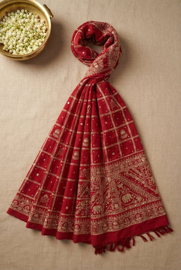 Luxurious Deep Red Handloom Silk Saree With Gold Zari Check Pattern And Traditional Elephant Motif Pallu