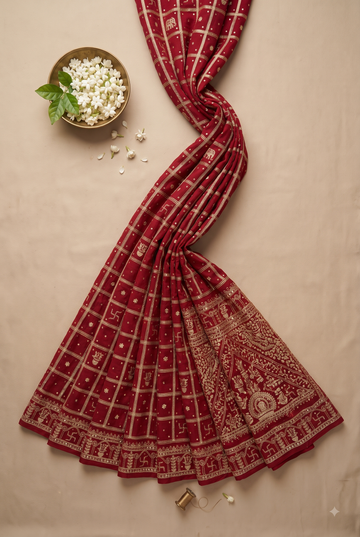 Elegant Crimson Red Georgette Saree With Traditional Zari And Swastika Embroidery