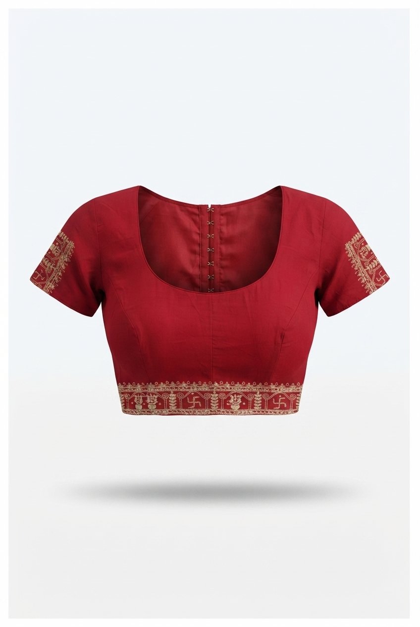 Elegant Crimson Red Georgette Saree With Traditional Zari And Swastika Embroidery