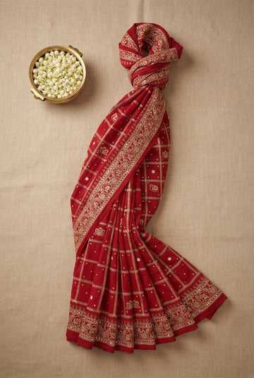 Elegant Crimson Red Silk Georgette Saree With Gold Zari Checkers And Embroidered Border