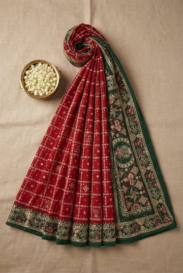 Elegant Red Georgette Ghar Chola Saree With Contrasting Green Embroidered Border