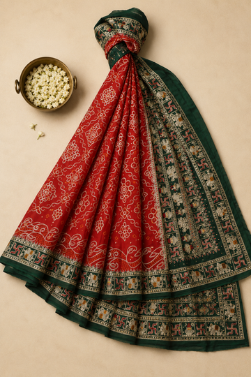 Red And Green Bandhani Gaji Silk Saree With Traditional Zari And Gota Patti Border