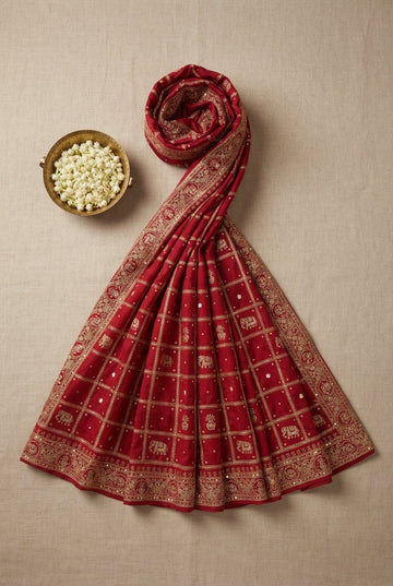 Elegant Crimson Red Silk Saree With Traditional Gold Zari Checkered Patterns And Elephant Motifs