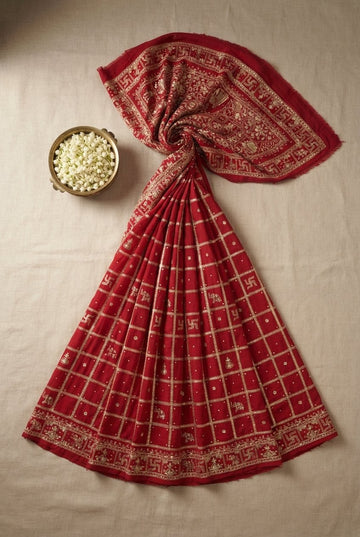 Auspicious Crimson Red Saree With Golden Zari Checkered Patterns And Traditional Motifs