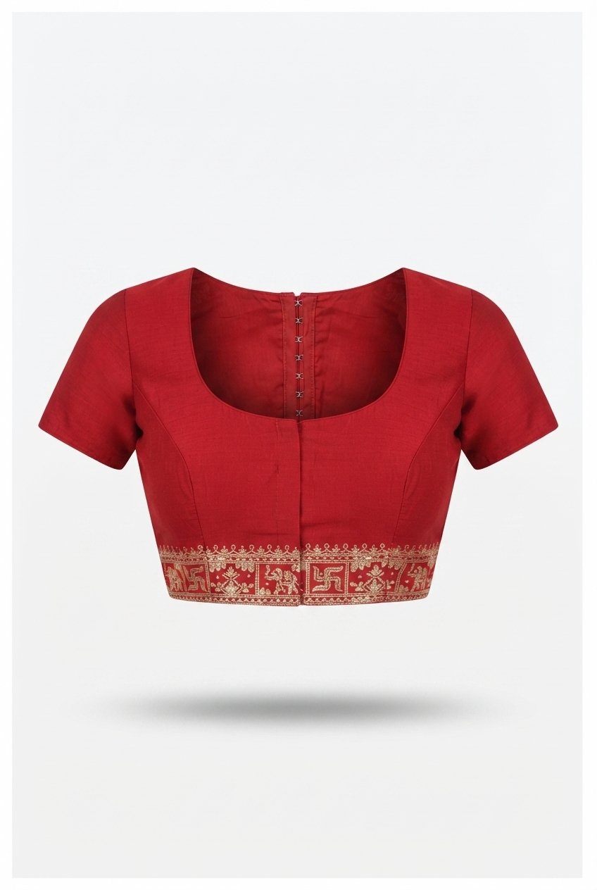 Auspicious Crimson Red Saree With Golden Zari Checkered Patterns And Traditional Motifs