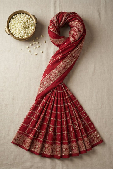 Elegant Crimson Red Georgette Saree With Intricate Gold Zari Embroidered Grid Pattern