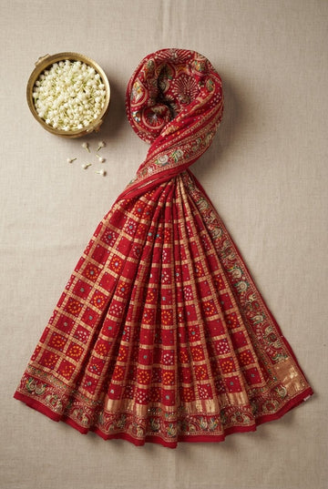 Red Georgette Gharchola Bandhani Saree With Zari Checks And Embroidered Peacock Border